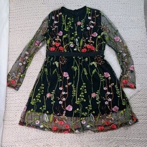 Women's Colorful Embroidered Floral Sheer Black Knee Length Dress, Size XXL